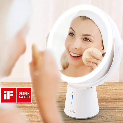 Auxmir Kosmetikspiegel LED Beleuchtet mit 1X/10X Vergrößerung und 5 Dimmbaren Helligkeiten, Doppelseitiger Makeup Schminkspiegel, Wiederaufladbar, 360° Schwenkbar für Zuhause und Unterwegs - 2