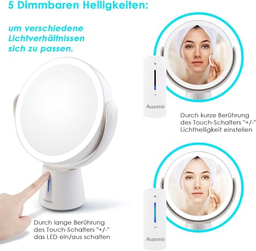 Auxmir Kosmetikspiegel LED Beleuchtet mit 1X/10X Vergrößerung und 5 Dimmbaren Helligkeiten, Doppelseitiger Makeup Schminkspiegel, Wiederaufladbar, 360° Schwenkbar für Zuhause und Unterwegs - 4