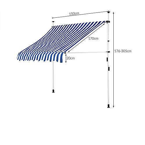 DeTeX Klemmmarkise 150 cm breit Höhenverstellbar Handkurbel UV-beständig Ohne Bohren Wasserabweisend Balkonmarkise Markise Balkon Terrasse Blau Weiß - 7